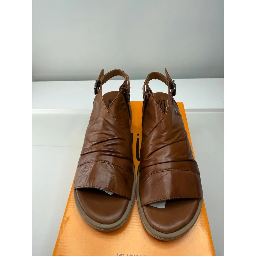 Miz Mooz Conor Brandy Leather Ruched Wedge Sandals Side Zip Euro 38 US 7.5 New